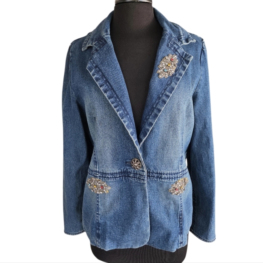 Vintage Too She She Blue Denim Jacket with Embellishments Sequin Beaded Upcycled